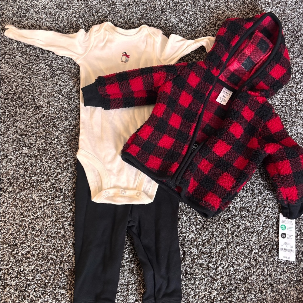 NWT: Carter's Red and Black Plaid Baby Jacket, Pant Shirt Set